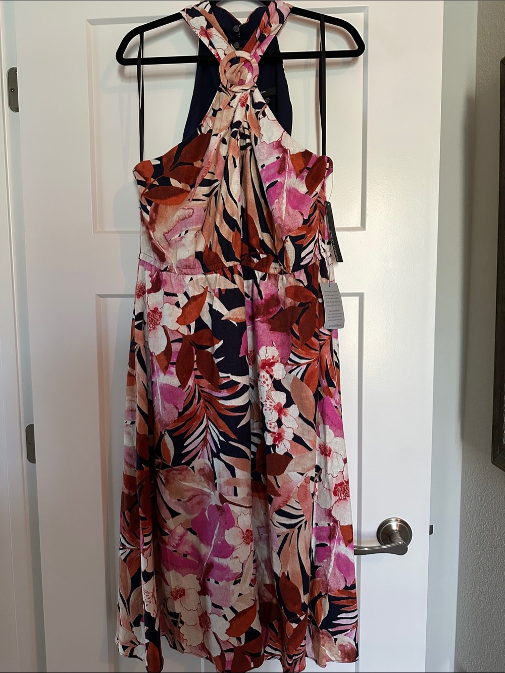 Maggie London Linen Blend Floral Halter Midi Dress in Pink, Navy & Rust